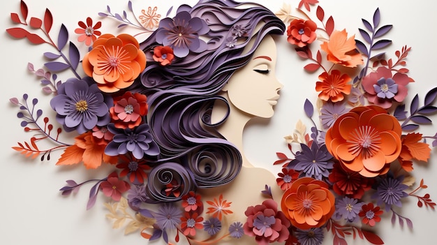 Un diseño de corte de papel con flores y una cara para la ilustración del Día de la Mujer