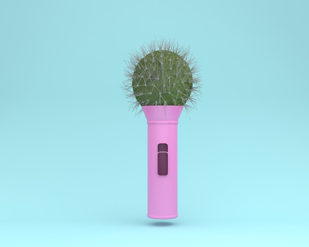 Diseño creativo cactus micrófono flotando en azul pastel