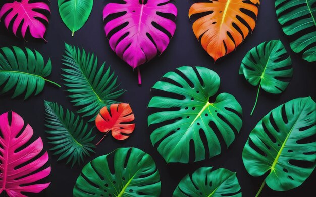 Diseño creativo de colores fluorescentes hecho de hojas tropicales