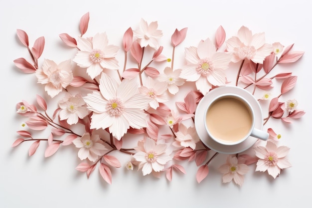 Diseño creativo de composición de flores con taza de café ai generado