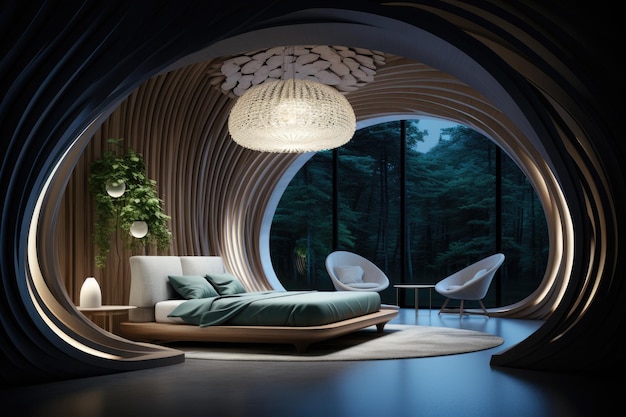 Diseño creativo del dormitorio de la sala de estar espacio innovador para la relajación y la recreación que muestra decoración moderna y arreglos de muebles para un ambiente cómodo y elegante