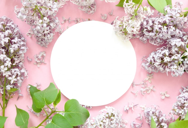 Diseño creativo de flores lilas con papel blanco. Bosquejo. Vista desde arriba.