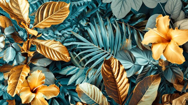 Diseño creativo de flores tropicales y hojas de palma vista superior colocación plana concepto para el diseño