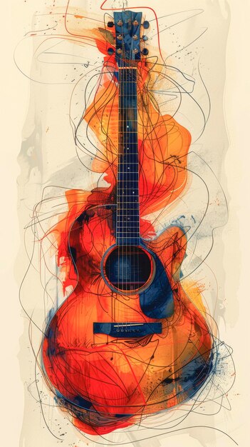 Foto diseño creativo de una guitarra dibujada con pintura acuarela