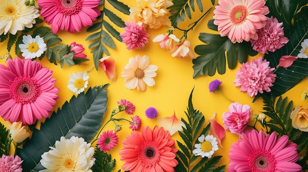 Foto diseño creativo hecho de flores y hojas concepto de naturaleza endecha plana tarjeta de felicitación floral espacio de fondo de flores de primavera coloridas para texto naturaleza diseño decorativo de moda