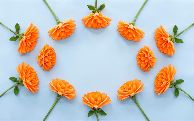 Diseño creativo hecho de flores de naranja sobre un fondo azul pastel y rosa