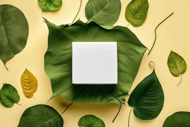 Diseño creativo hecho de hojas verdes ecológicas y caja blanca vacía.