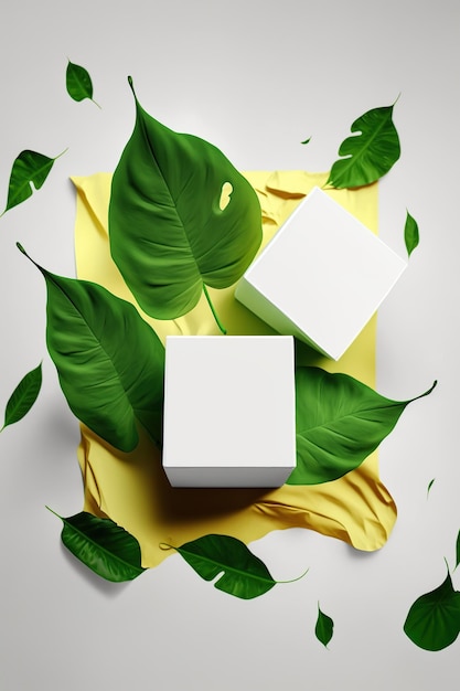 Diseño creativo hecho de salpicaduras de hojas verdes ecológicas y caja blanca vacía