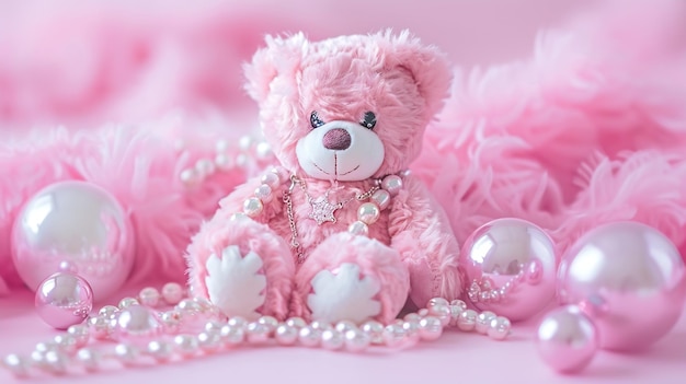 Foto diseño creativo con osito de peluche rosa con joyas de lujo en fondo rosa pastel 8 ia generativa