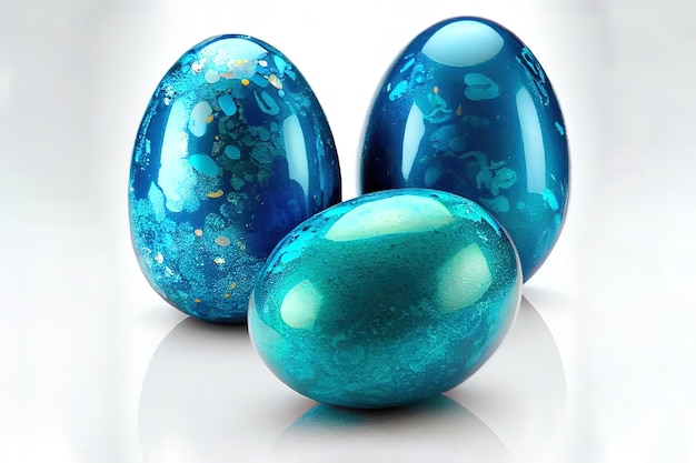 Diseño creativo de pascua hecho de coloridos huevos y flores en azul Generative Ai