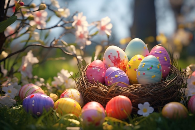 Diseño creativo de Pascua hecho de huevos y flores de colores sobre fondo azul