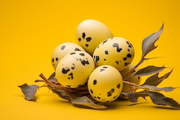 Foto diseño creativo de pascua de huevos de codorniz y ramas de forsythia sobre un fondo amarillo