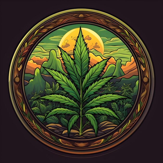 Diseño creativo y vibrante de ilustraciones de insignias para la hierba de cannabis, la marihuana y la hoja de cáñamo