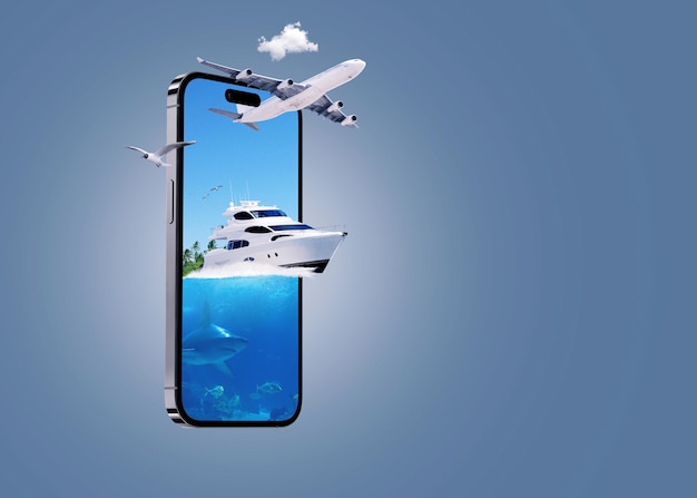 Diseño creativo de yates y aviones en teléfonos inteligentes Concepto de reserva en línea Concepto de viajes y turismo Viaje al mar con el mundo submarino y peces tiburones Viaje por mar y aire