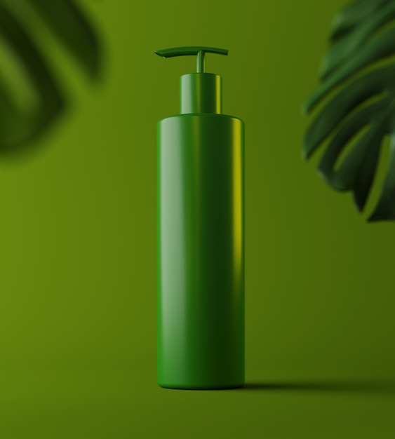 Diseño de crema cosmética natural, suero, envase de botella en blanco para el cuidado de la piel con hojas de hierba, producto bio orgánico. belleza. Illustartion 3d. Presentacion de producto