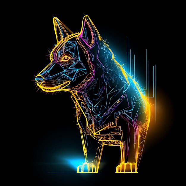 Diseño de Cybernetic Wolf Diseño Borderline Diseño de líneas de neón Estilo Robótico W Clipart Diseño de camiseta Glow