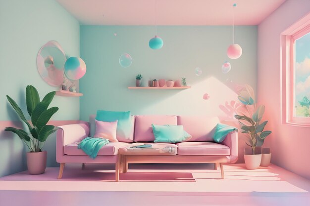 Diseño de decoración de la sala de estar rosa para niñas sueño serie rosa sofá mesa de café papel tapiz