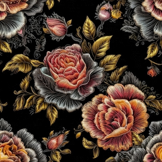 Diseño decorativo de flores de rosas de bordado sin costura