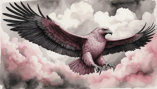 diseño detallado de nubes de águila tatuaje acuarela en escala de gris