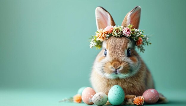 Diseño del día de Pascua Conejo realista con huevos de Pascua pintados en fondo verde pastel Decorativo