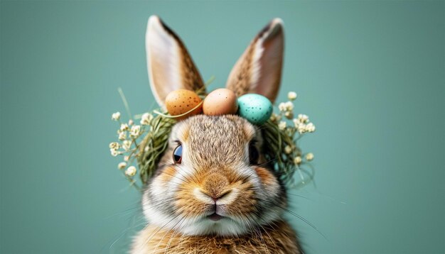 Diseño del día de Pascua Conejo realista con huevos de Pascua pintados en fondo verde pastel Decorativo