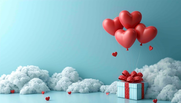 Diseño de día de San Valentín Caja de regalos rosa 3D realista en las nubes Banner de vacaciones cartel web volante