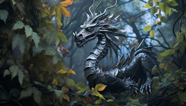 Un diseño digital con un dragón chino hecho de hierro forjado