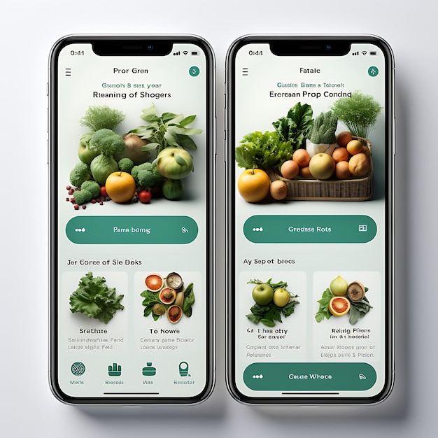 Diseño de diseño de aplicaciones móviles de entrega de alimentos orgánicos con diseño fresco y natural y conceptos Gree