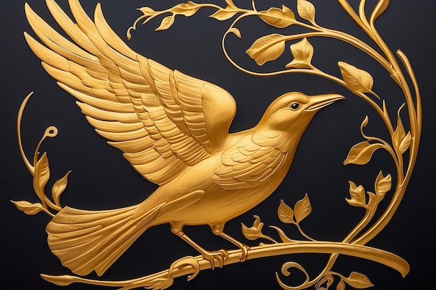Un diseño dorado y dorado con un pájaro en él