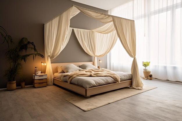 diseño de dormitorio con cama con cortinas generativo Ai