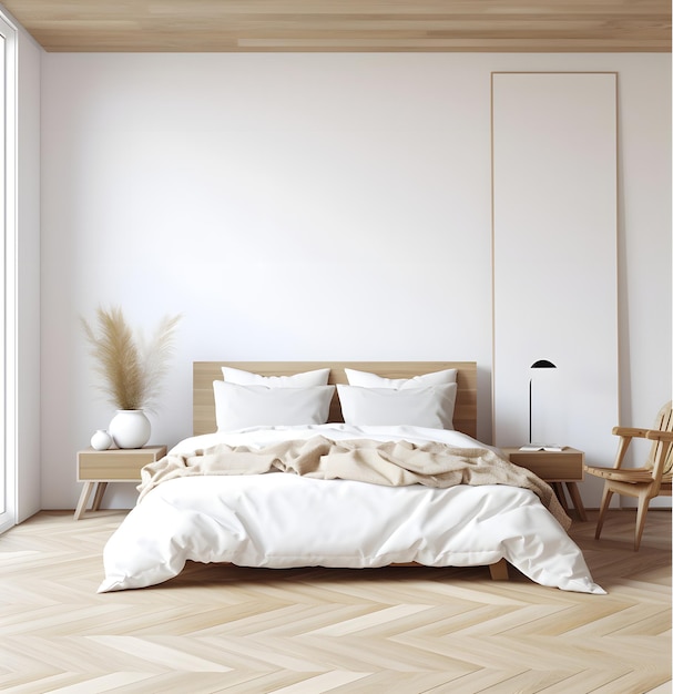 Diseño de dormitorio escandinavo moderno, muebles de madera minimalistas, cama blanca sobre parquet de madera.