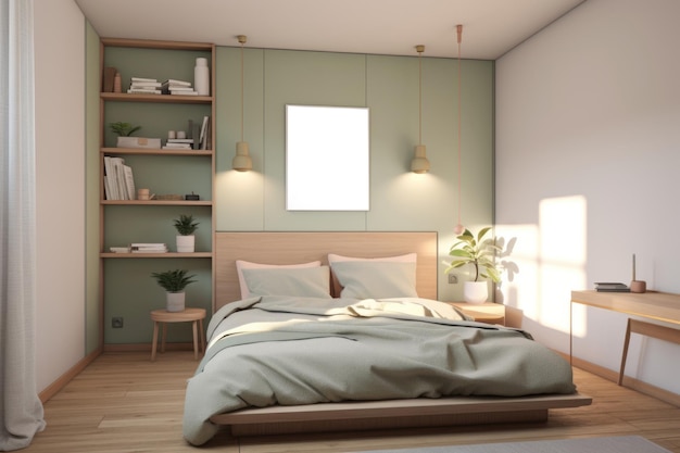 Diseño de dormitorio escandinavo con pared de acento verde y estanterías