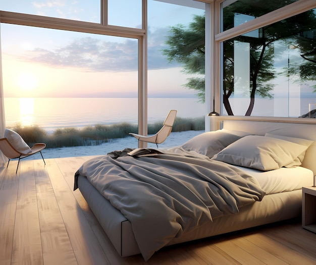 diseño de dormitorio con grandes ventanas a las montañas cubiertas de nieve desierto o mar playa océano moderno