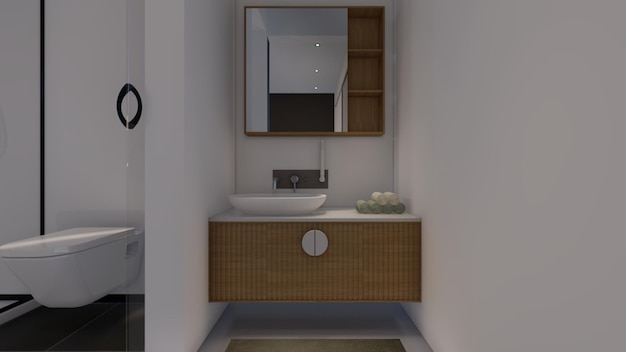 Diseño de dormitorio con lavabo, armario colgante, espejo, ilustración 3d