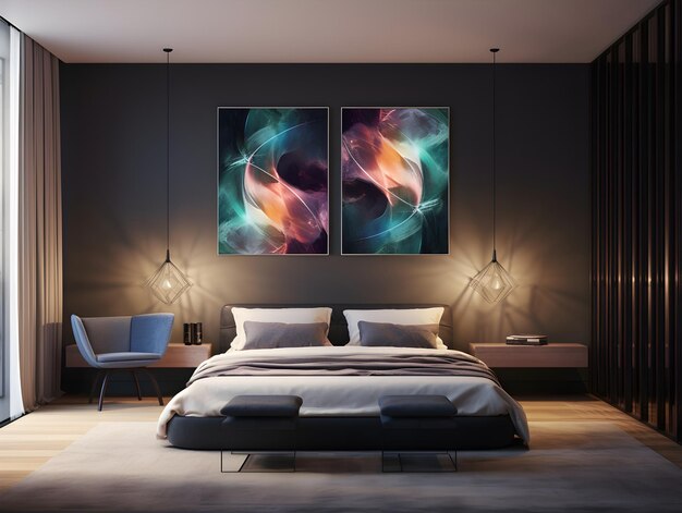 Diseño de dormitorio de lujo con lámparas de cama y pintura abstracta