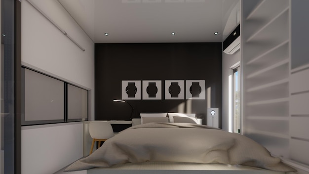 Diseño de dormitorio con marcos de fotos vacíos escritorio y silla ilustración 3d