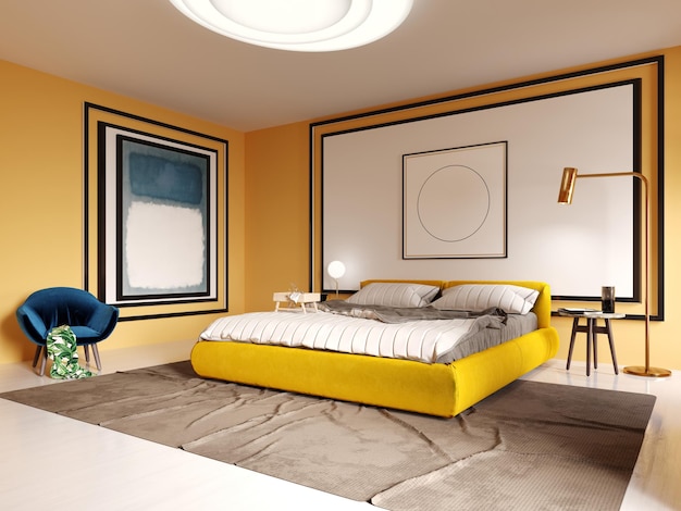 Diseño de dormitorio moderno en amarillo con cabecero blanco sobre la cama. Cama amarilla. Representación 3D.