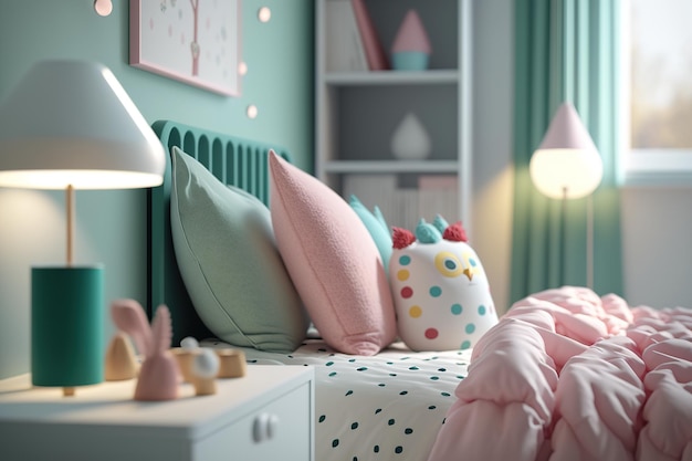 Diseño de dormitorio suave y moderno para una niña con paleta de colores pastel