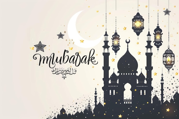 Diseño de Eid Mubarak con un tema en blanco y negro con un contorno de estrellas y linternas de una mezquita