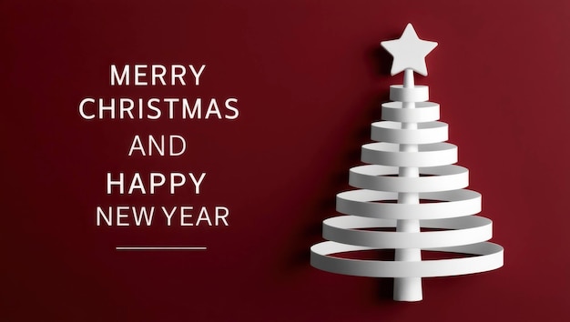 Diseño elegante del árbol de Navidad con cintas blancas sobre un fondo rojo profundo