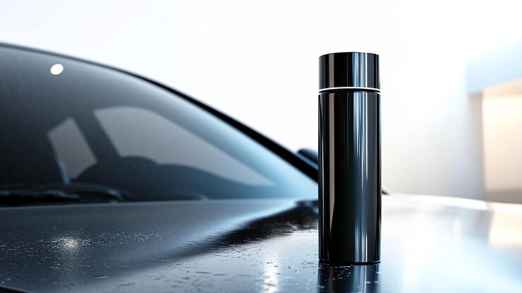 Diseño elegante de botella de cera de automóviles de primera calidad con un acabado brillante posicionado en un capó de automóvil limpio representación ultrarealista con iluminación brillante que destaca los productos brillan con fondo blanco limpio con