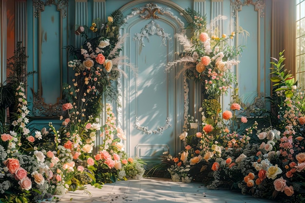 Foto diseño elegante de la escena de la boda florales elegantes verdes exuberantes y tonos morandi sofisticados