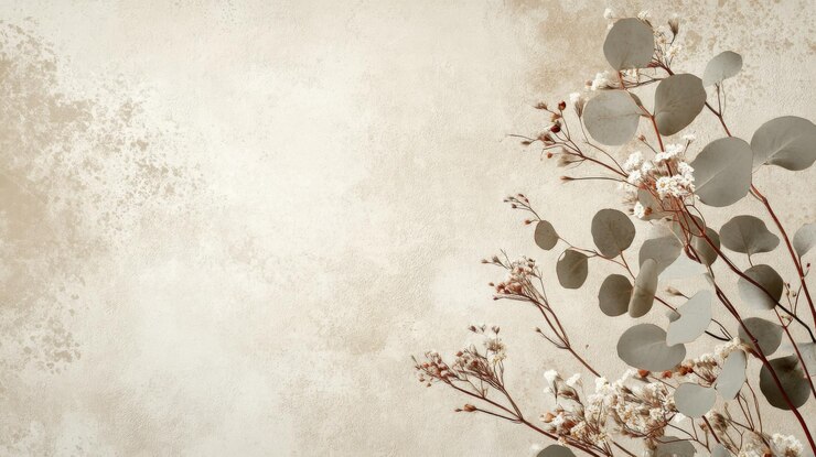 Diseño elegante con hojas de eucalipto y flores delicadas en un fondo beige neutro moderno y minimalista con espacio para copiar