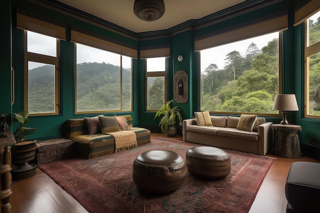 Diseño elegante del interior de la sala de estar con ventana con vista a la selva tropical