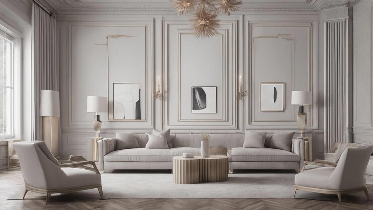 Diseño elegante y minimalista de la sala de estar con muebles y decoración elegantes