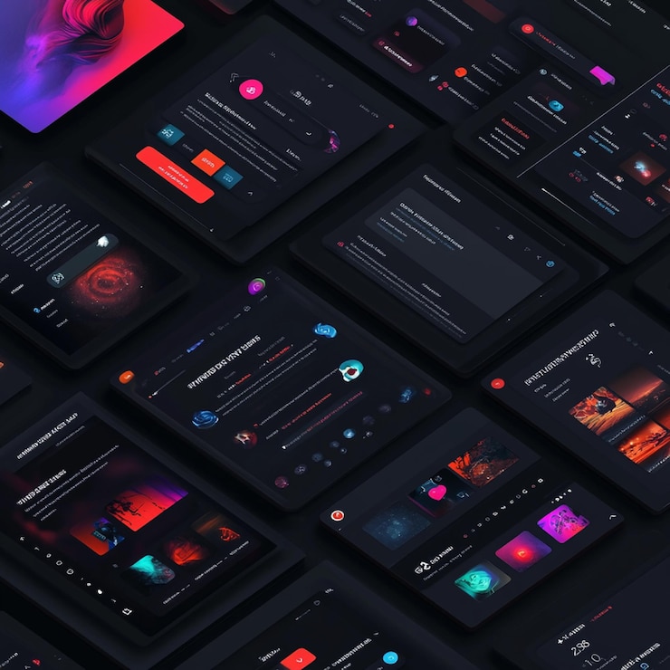 Foto diseño elegante y moderno de la interfaz de usuario con un tema oscuro y colores de acento vibrantes
