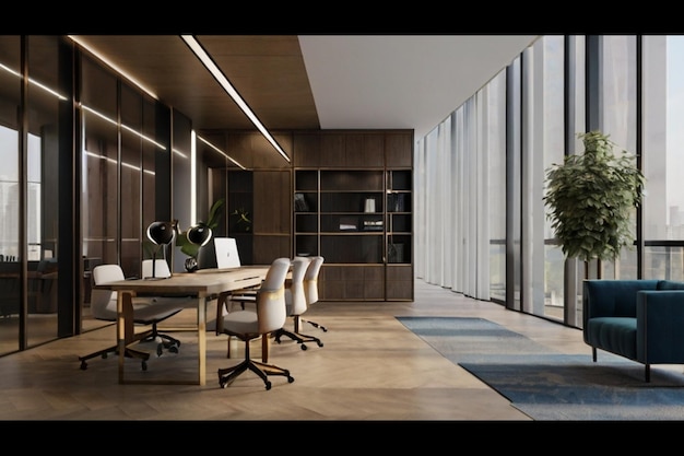 Un diseño elegante y tradicional de la habitación de la oficina con ricos acentos de madera