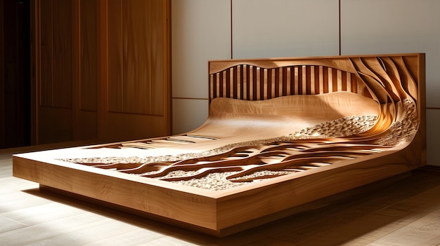 Foto diseño elevado del marco de la cama a través del tallado profundo minimalista
