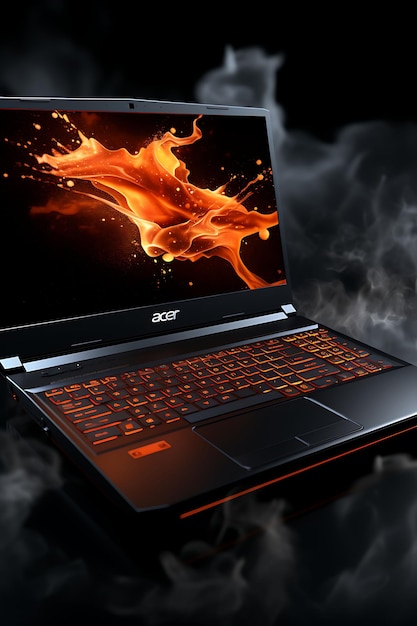 Diseño del embalaje de Acer Aspire con una caja negra clásica, diseño web de color naranja y alto, cartel y volante.