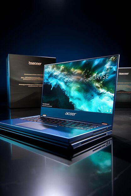 Foto diseño del embalaje de la computadora portátil acer swift 5 con una caja gris moderna diseño azul de la web de acer cartel arte de volante